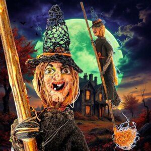 Wicked Witch Broom Stick Paper Mache Style Decor Raffia Primitive Halloween 34"